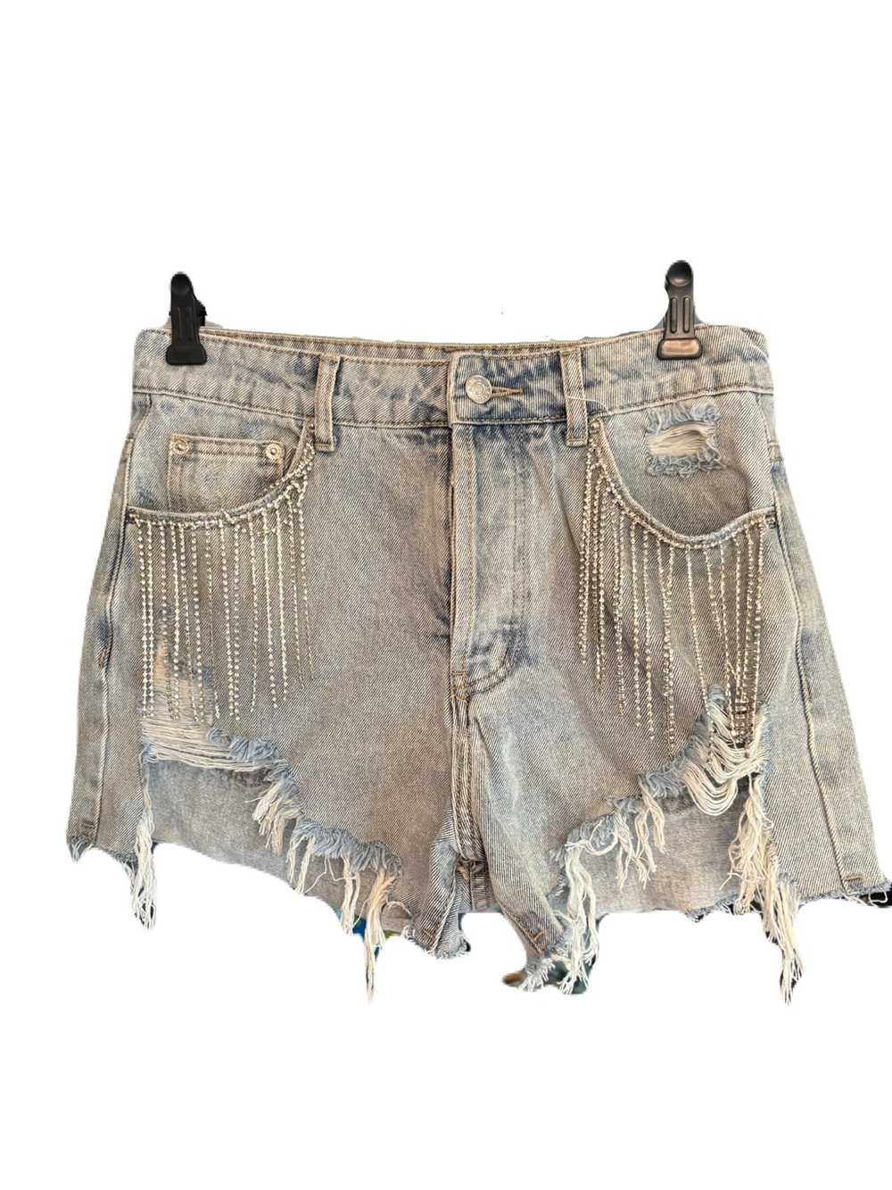 Beaded Fringe Light Wash Denim Shorts - Women